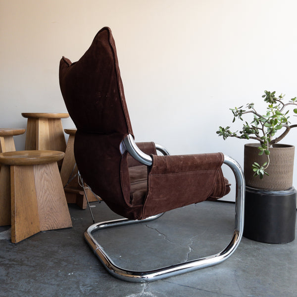 Martin Rudick Tubular Chrome and Suede Leather Lounge Chair