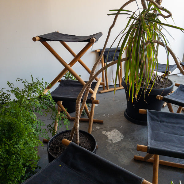 Black Canvas and Wood Folding Stools