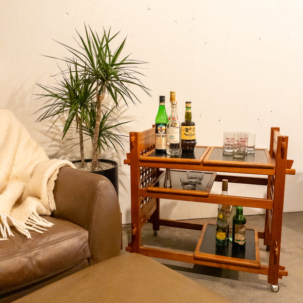 Mid Century Danish Teak Bar Cart With Removable Trays