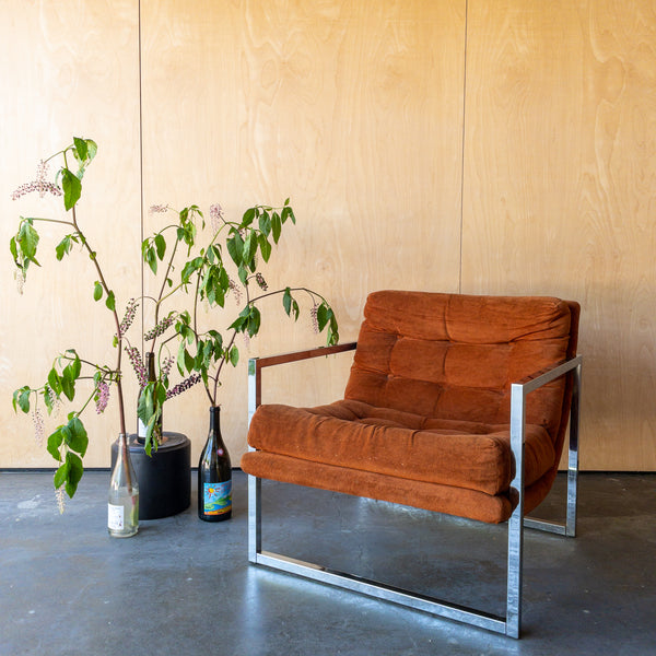 Milo Baughman Style Orange and Chrome Lounge Chair