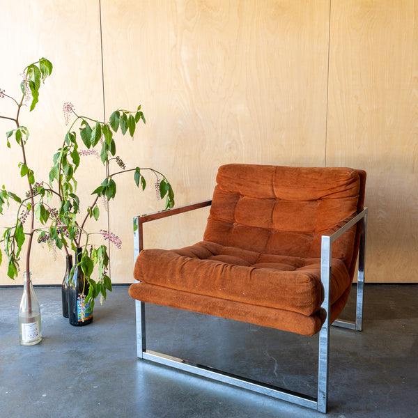 Milo Baughman Style Orange and Chrome Lounge Chair