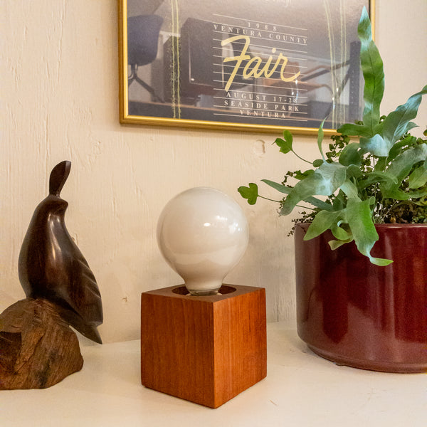 Vintage Mid Century Teak Cube Table Lamp