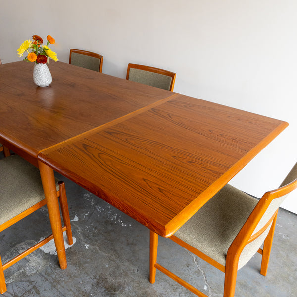 Danish Teak Dining Table and Sage Green Tweed Chairs