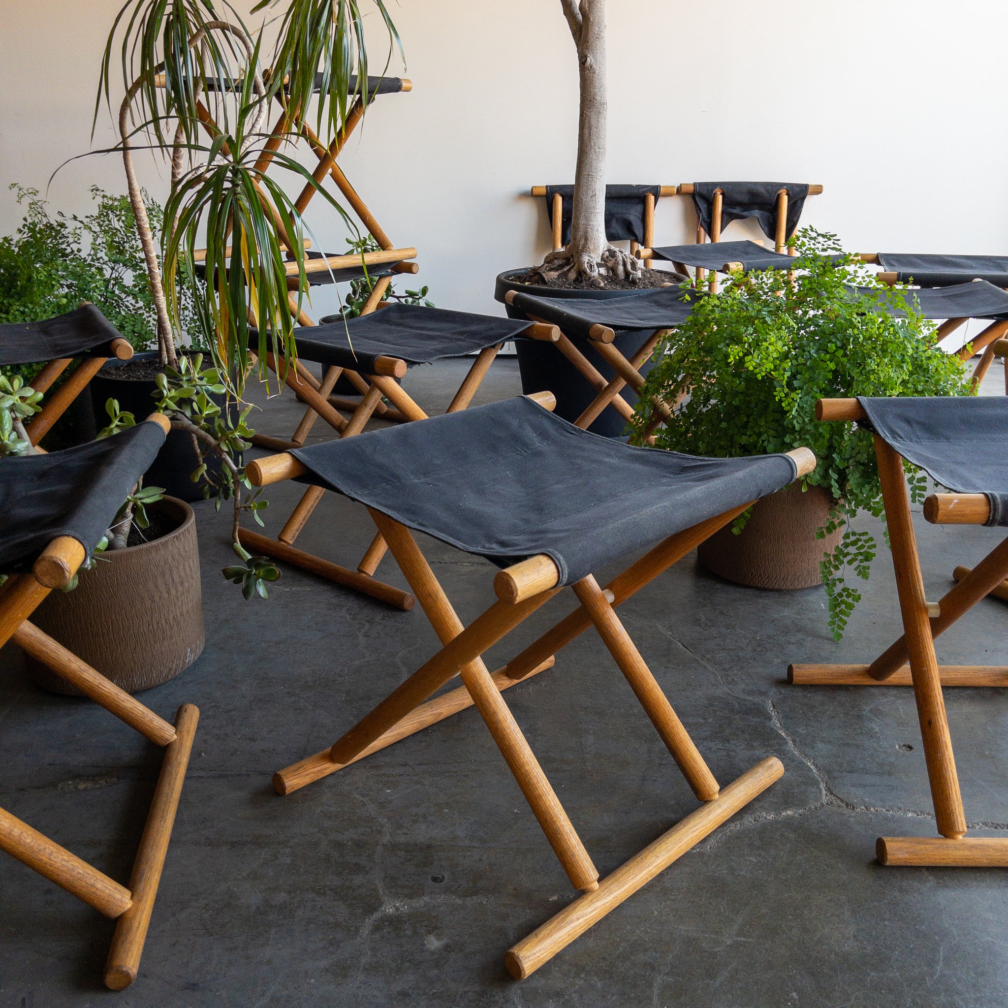 Black Canvas and Wood Folding Stools