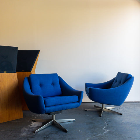 Royal Blue Mid Century Swivel Lounge Chairs