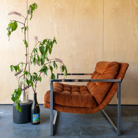 Milo Baughman Style Orange and Chrome Lounge Chair