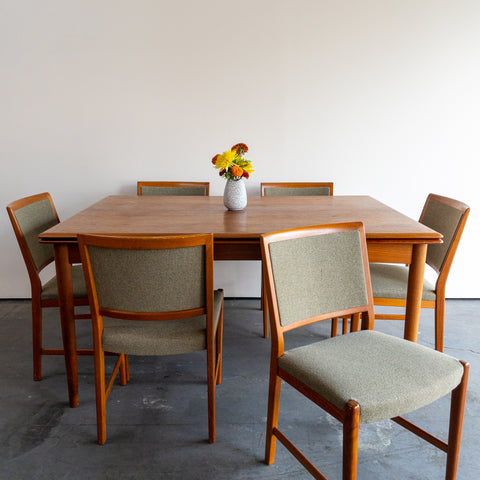 Danish Teak Dining Table and Sage Green Tweed Chairs