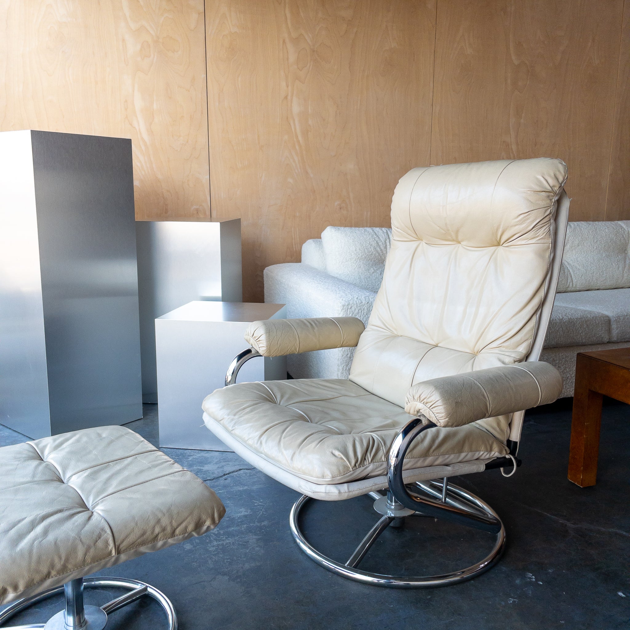 Vintage Cream Leather and Chrome Recliner and Ottoman