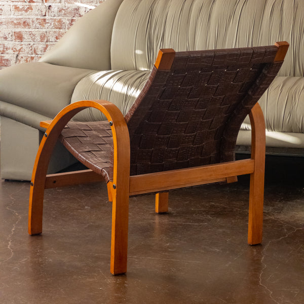 Scandinavian Bentwood and Faux Leather Lounge Chairs with Footsools
