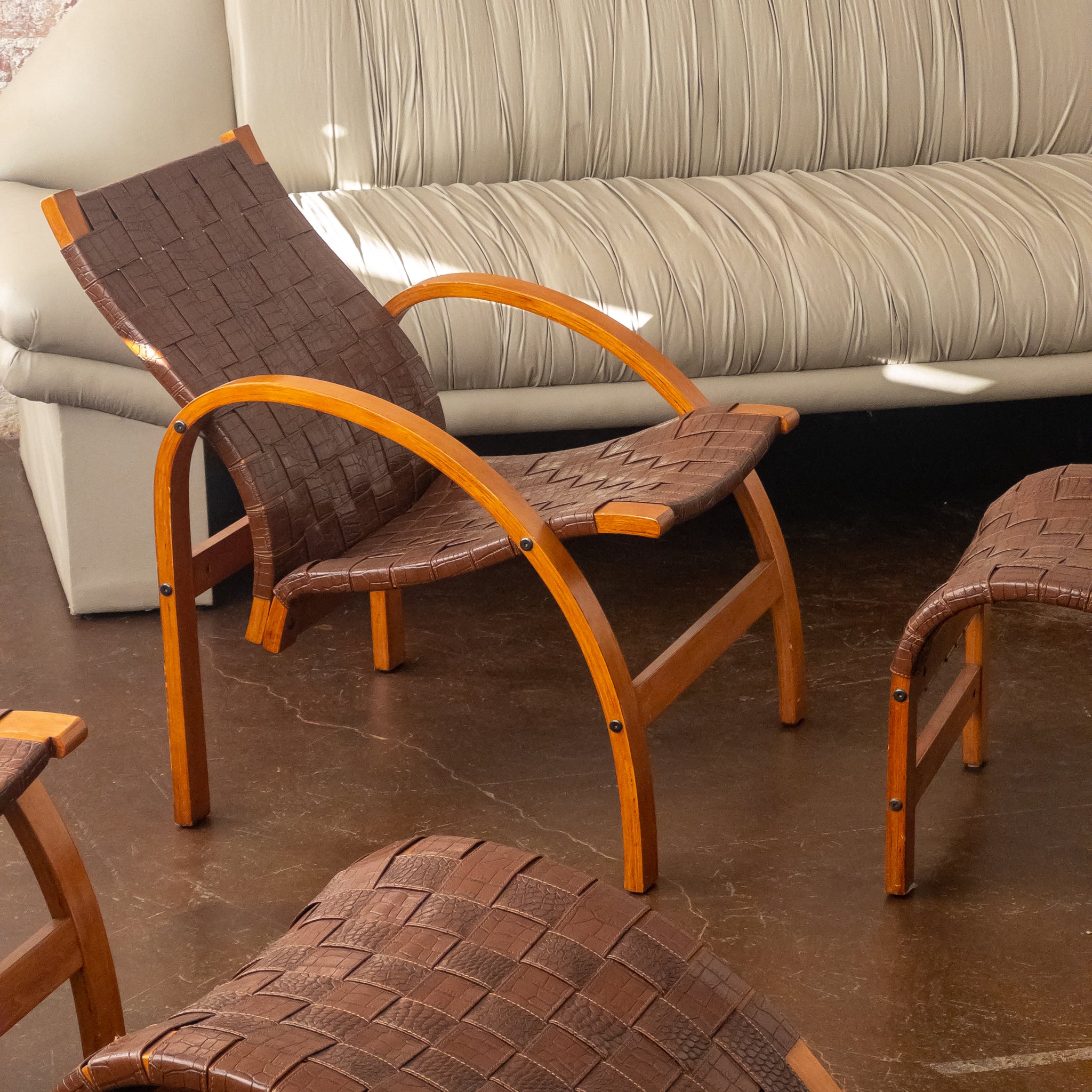 Scandinavian Bentwood and Faux Leather Lounge Chairs with Footsools