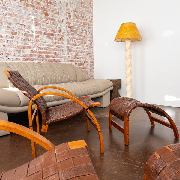 Scandinavian Bentwood and Faux Leather Lounge Chairs with Footsools