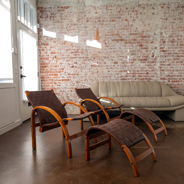 Scandinavian Bentwood and Faux Leather Lounge Chairs with Footsools